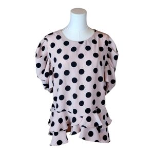 Milk & Honey Pink And Black Polka Dot Ruffle Blouse 2X Puff Sleeve Feminine